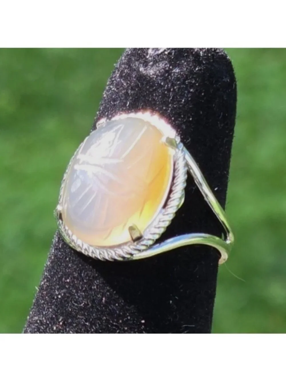 MCM Burt Cassell Scarab beetle ring stone 12K White GF Egyptian revival VTG 5.5